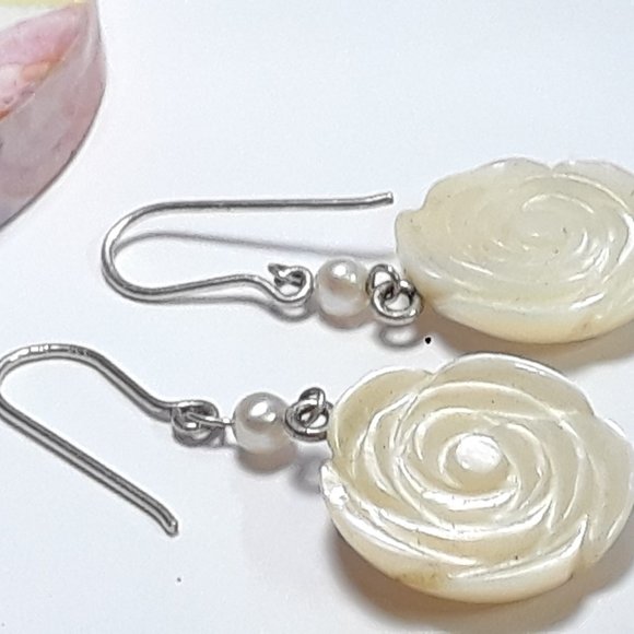 Estate Mother of Pearl Flower & Pearl Sterling Silver French Top Earrings #18748 - Picture 2 of 4
